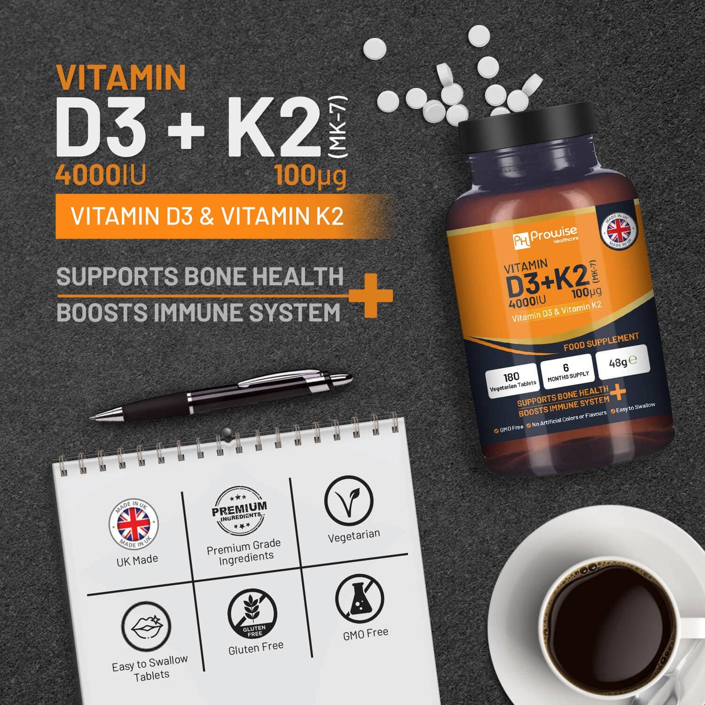 Vitamin D3 4000IU & K2 MK7 100μg Vegetarian Tablets I 180 (